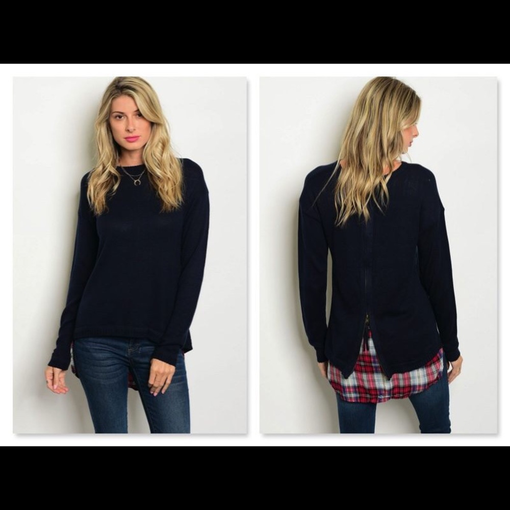 NAVY BLUE BACK ZIP SWEATER W/RED PLAID FLANNEL HEM